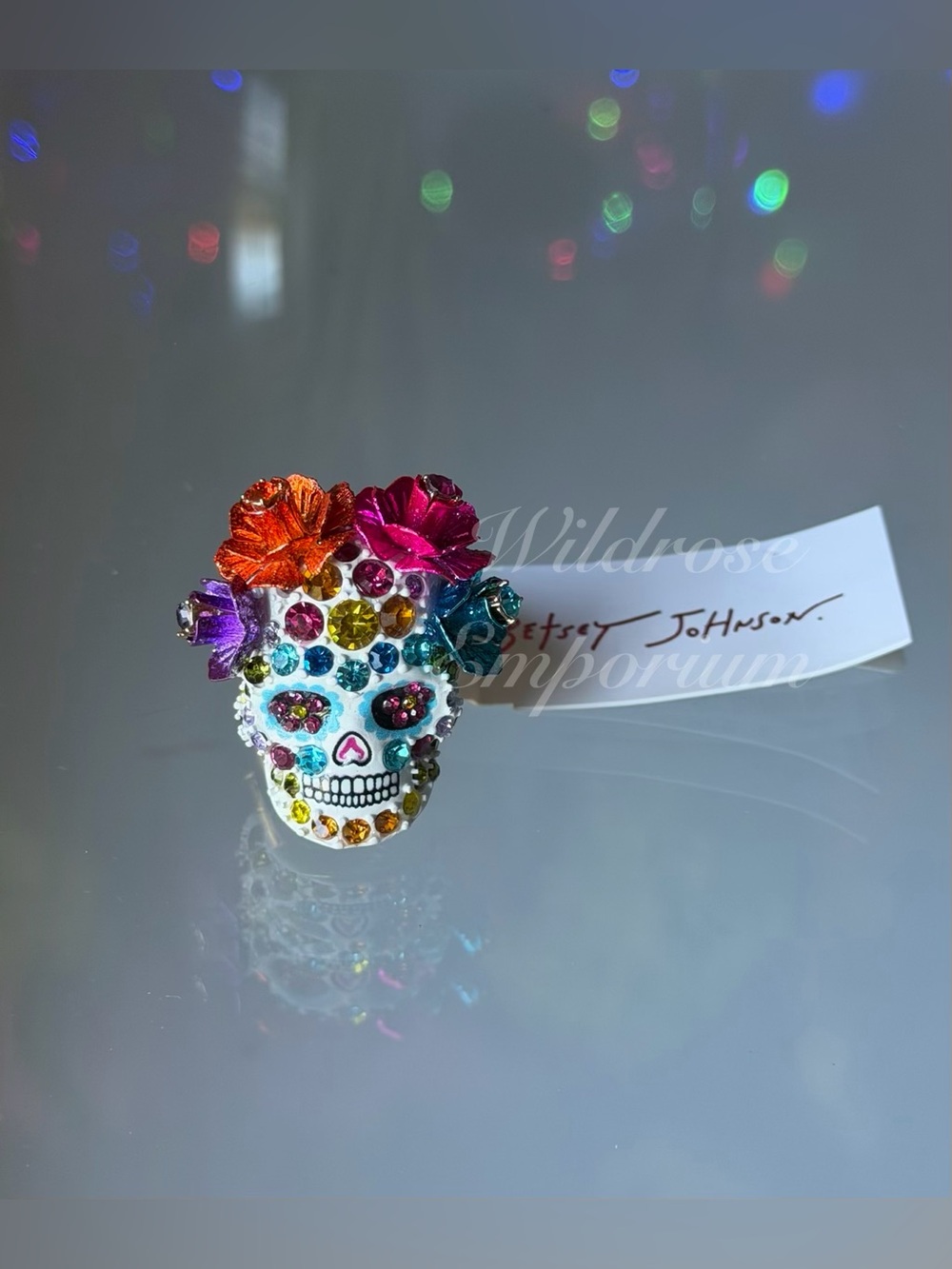 BETSEY JOHNSON PAVE CRYSTAL SUGAR SKULL HALLOWEEN STRETCH RING